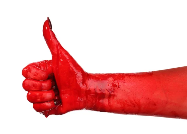 Αίμα Χέρι Δείχνει Αντίχειρα Λευκό Φόντο — Φωτογραφία Αρχείου