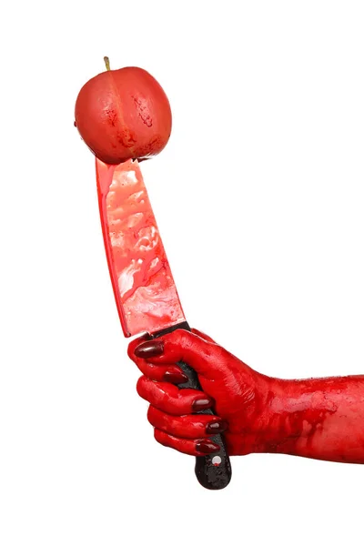 Mano Con Cuchillo Ensangrentado Manzana Sobre Fondo Blanco — Foto de Stock