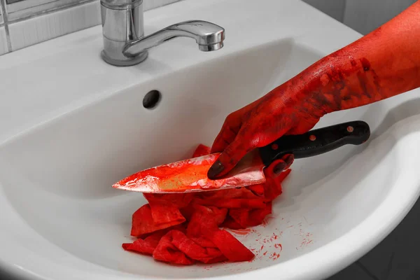 Maniac Washing Blood Hands Knife Sink — Stock Photo, Image