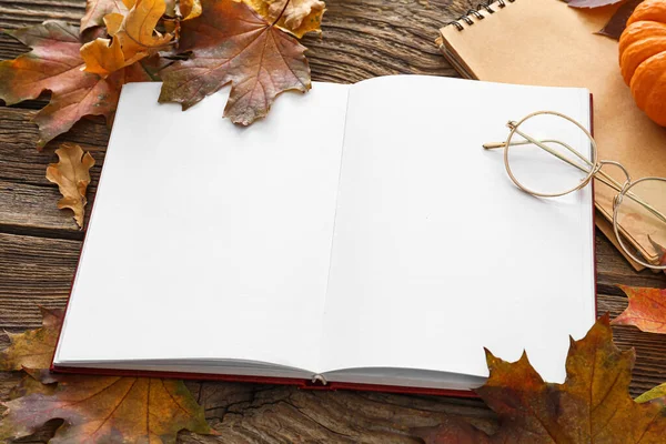Blank Open Book Eyeglasses Autumn Leaves Wooden Background — Stock Photo, Image