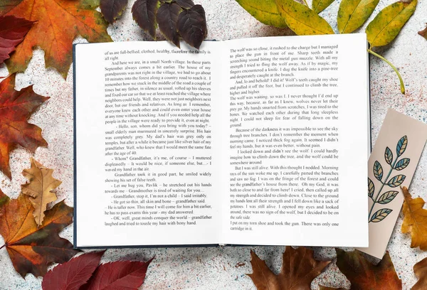 Open Book Bookmark Autumn Leaves Light Background — Stock Photo, Image