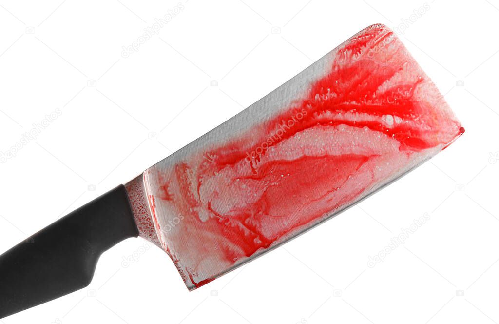 Cleaver with blood stains on white background