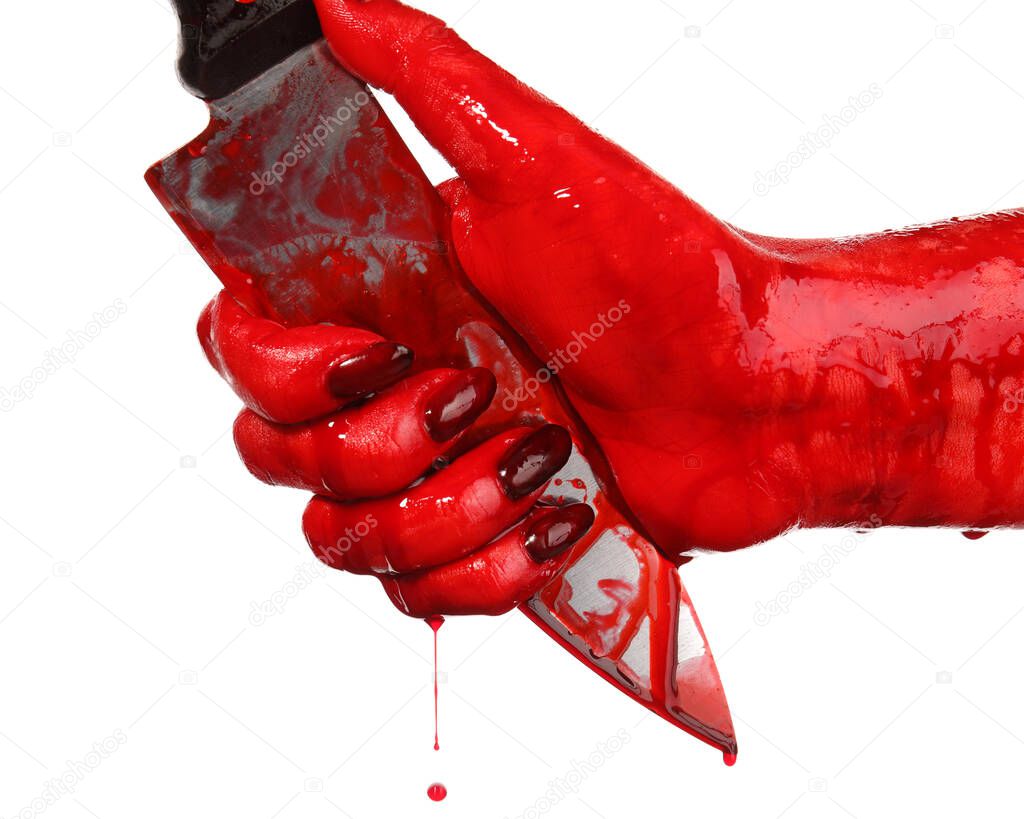Hand with bloodstained knife on white background