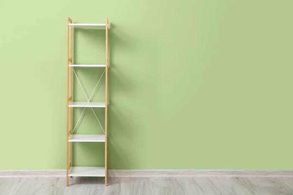 Stylish Wooden Shelf Unit Green Wall Room — Stock Photo, Image