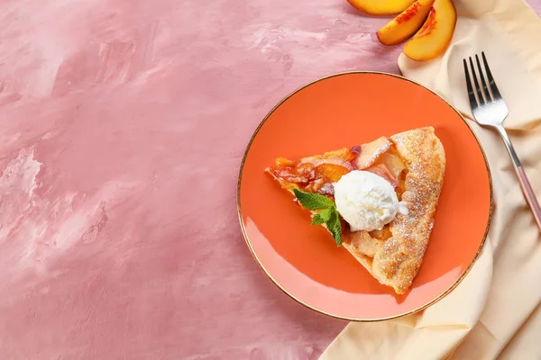 Plate Piece Tasty Peach Galette Ice Cream Color Background — Stock Photo, Image