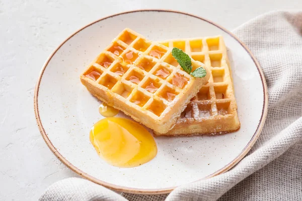 Plate Tasty Belgian Waffles Honey White Background — Stock Photo, Image