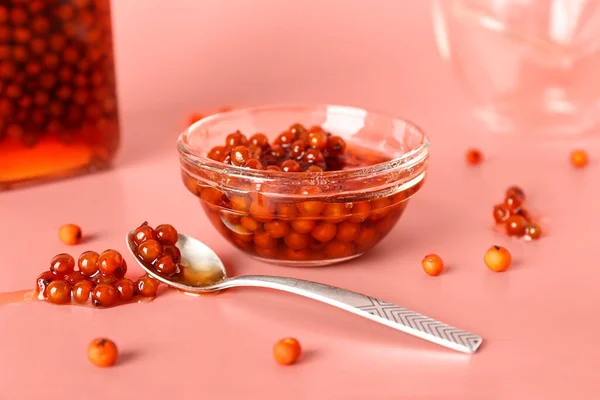 Glass Bowl Delicious Rowan Jam Color Background — Stock Photo, Image