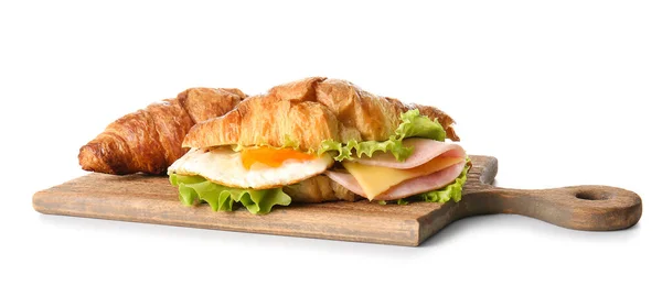 Wooden Board Delicious Croissant Sandwiches White Background — Stock Photo, Image
