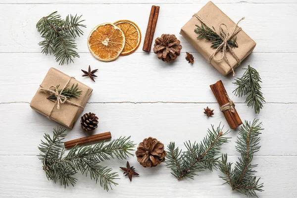 Frame Made Fir Tree Branches Gift Boxes Cinnamon Anise Slices — Stock Photo, Image