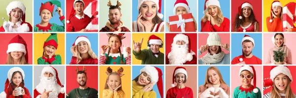 Gruppe Von Verschiedenen Menschen Weihnachtskleidung Auf Farbigem Hintergrund — Stockfoto