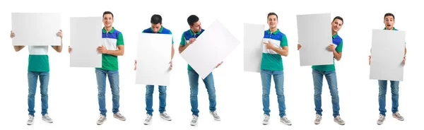 Set Van Jonge Man Met Blanco Poster Witte Achtergrond — Stockfoto