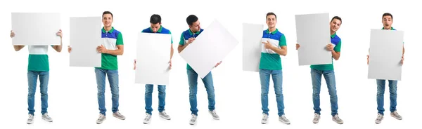 Conjunto Jovem Com Cartaz Branco Sobre Fundo Branco — Fotografia de Stock