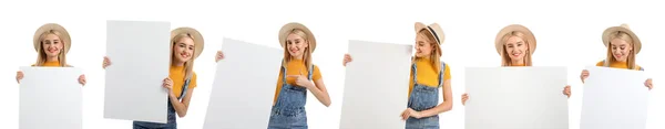 Set Junger Frau Mit Leerem Poster Auf Weißem Hintergrund — Stockfoto