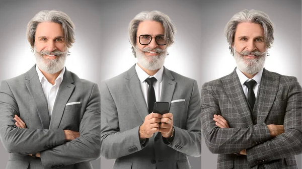 Коллаж Стильного Зрелого Мужчины Сером Фоне — стоковое фото