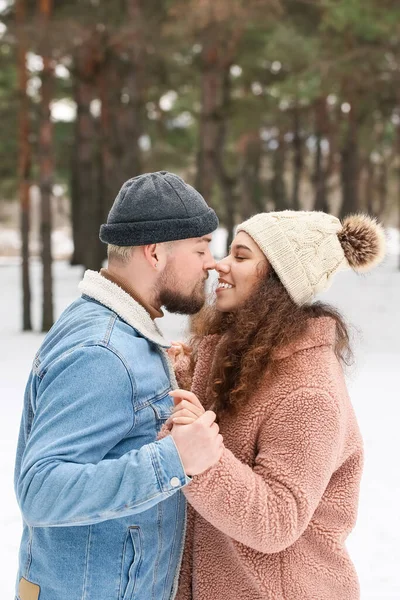 Jovem Casal Feliz Floresta Dia Inverno — Fotografia de Stock