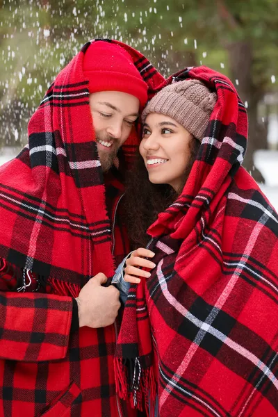 Jovem Casal Feliz Floresta Dia Inverno — Fotografia de Stock