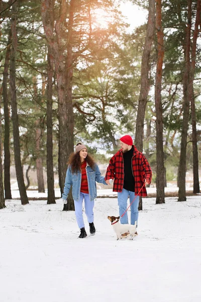 冬の日に森の中で犬と幸せな若いカップル — ストック写真