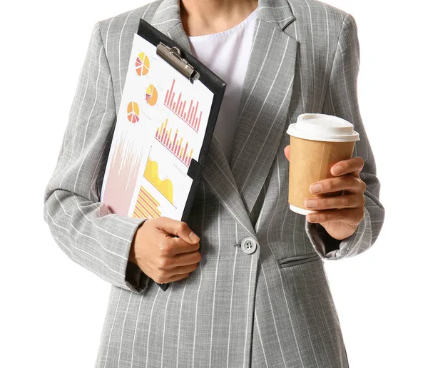 Geschäftsfrau Mit Dokumenten Und Tasse Kaffee Auf Weißem Hintergrund — Stockfoto