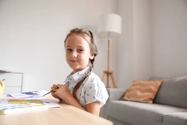 Little Girl Painting Brush Home — Stock Photo, Image