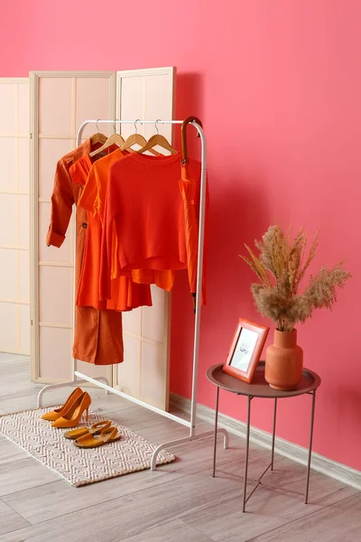 Interior of stylish hallway with bright red clothes and pink wall