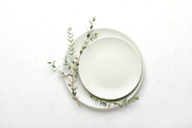 Açık arkaplanda plakalar ve yeşil okaliptüs dalları