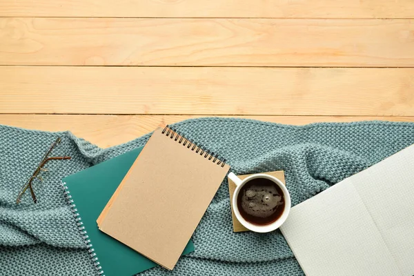Composition Notebooks Cup Coffee Color Wooden Background — Stock Photo, Image