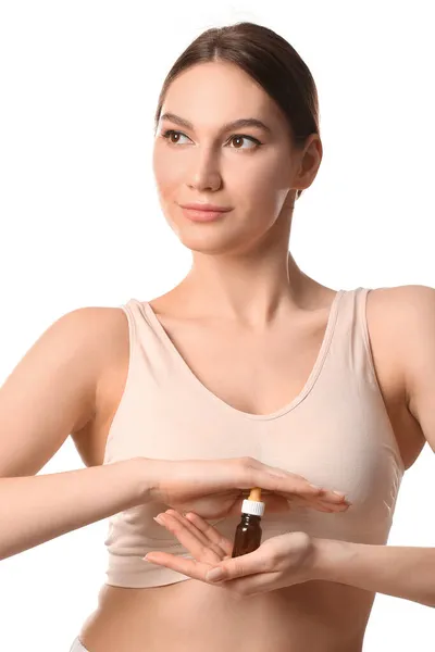 Woman Bottle Essential Oil White Background — Stock Photo, Image