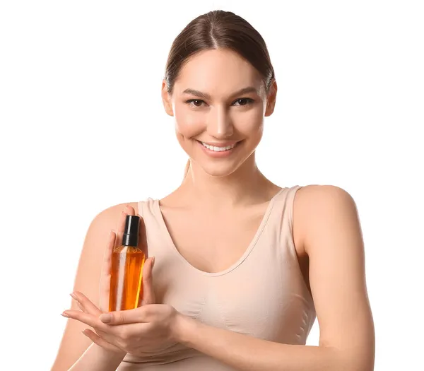 Smiling Woman Bottle Essential Oil White Background — Stock Photo, Image