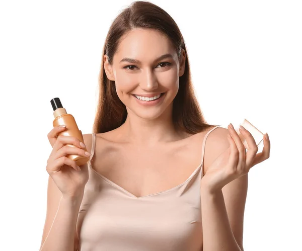 Mujer Feliz Sosteniendo Botella Spray Con Aceite Esencial Sobre Fondo — Foto de Stock