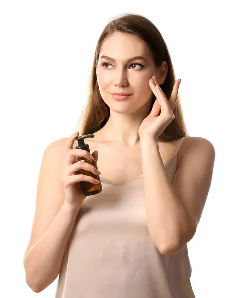 Young Woman Applying Natural Essential Oil Face — Stock Photo, Image