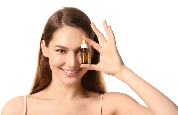 Smiling Young Woman Holding Bottle Natural Essential Oil White Background — Stock Photo, Image