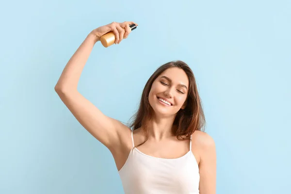 Young Happy Woman Spraying Essential Oil Color Background — Stock Photo, Image