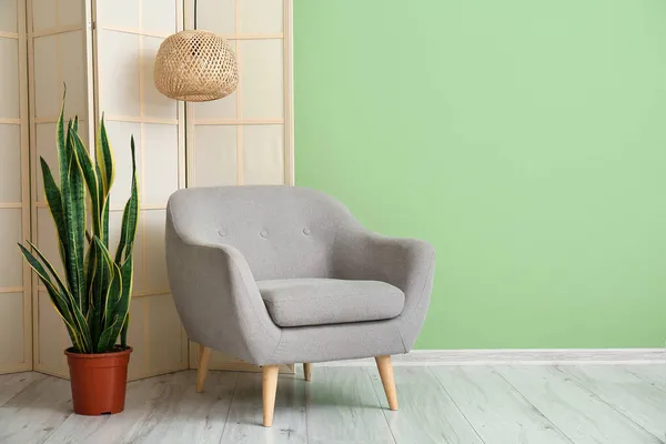 Grey Armchair Houseplant Folding Screen Green Wall — Stock Photo, Image