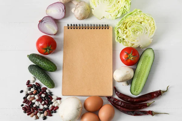 Recipe Book Ingredients White Wooden Background — Stock Photo, Image