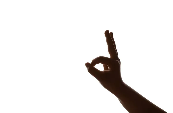 Niño Realizando Juego Sombras Sobre Fondo Blanco — Foto de Stock