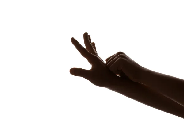 Niño Realizando Juego Sombras Sobre Fondo Blanco — Foto de Stock