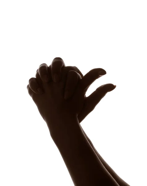 Mujer Haciendo Sombra Gallina Con Sus Manos Sobre Fondo Blanco —  Fotos de Stock