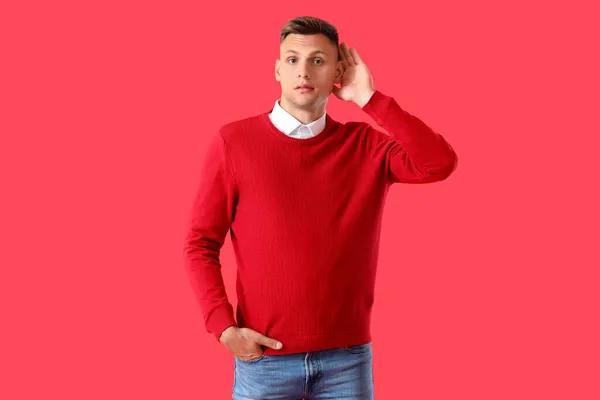 Young Man Trying Hear Something Color Background — Stock Photo, Image