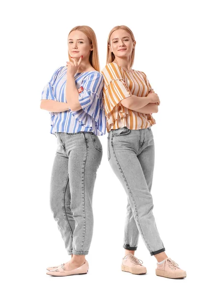 Mooie Jonge Tweeling Zussen Witte Achtergrond — Stockfoto