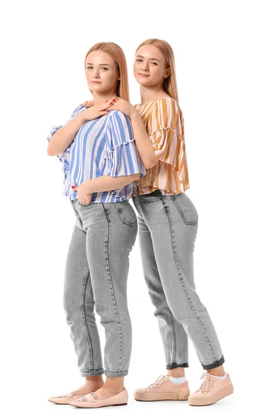 Beautiful Young Twin Sisters White Background — Stock Photo, Image