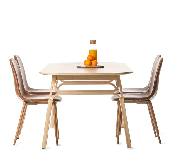 Wooden Dining Table Bottle Orange Juice Chairs White Background — Stock Photo, Image