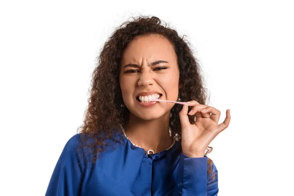 African American Woman Chewing Gum White Background — Stock Photo, Image