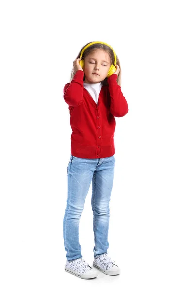 Engraçado Menina Ouvindo Música Fundo Branco — Fotografia de Stock