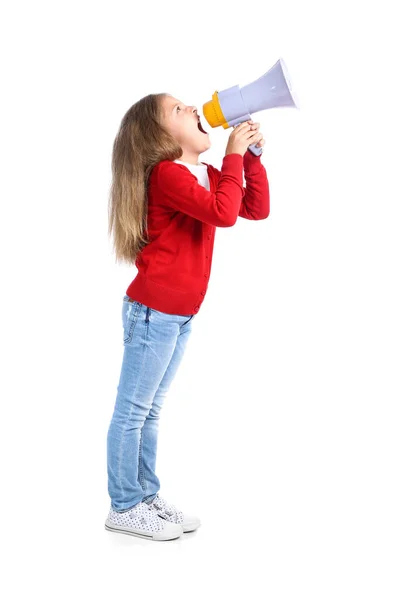 Protestando Niña Con Megáfono Sobre Fondo Blanco —  Fotos de Stock