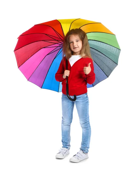 可愛いです女の子とともに傘ショー親指アップ上の白い背景 — ストック写真