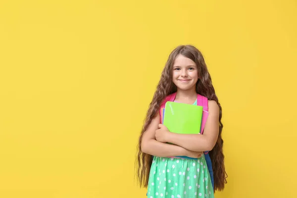 Portrait Little Schoolgirl Color Background — Stock Photo, Image
