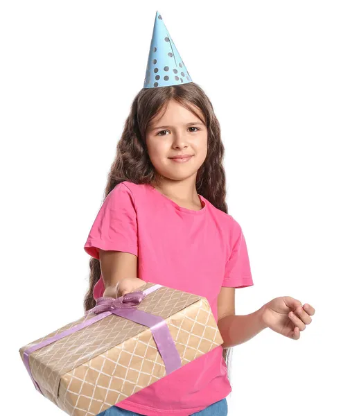 Klein Meisje Met Verjaardag Cadeau Witte Achtergrond — Stockfoto