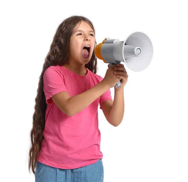 Protestando Menina Com Megafone Fundo Branco — Fotografia de Stock