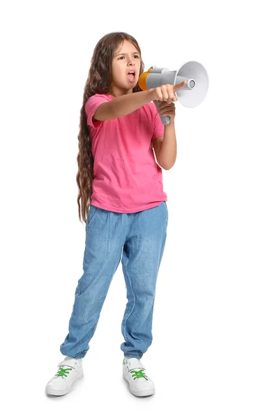 Protesting Little Girl Megaphone White Background — Stock Photo, Image