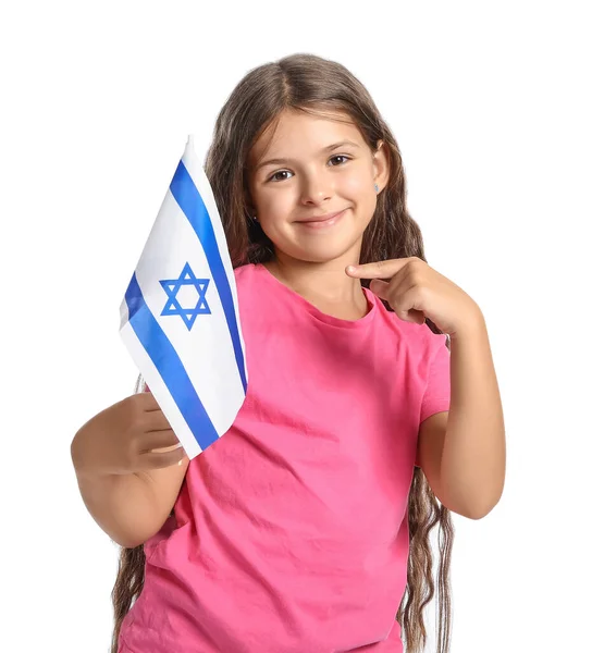 Klein Meisje Met Vlag Van Israël Witte Achtergrond — Stockfoto